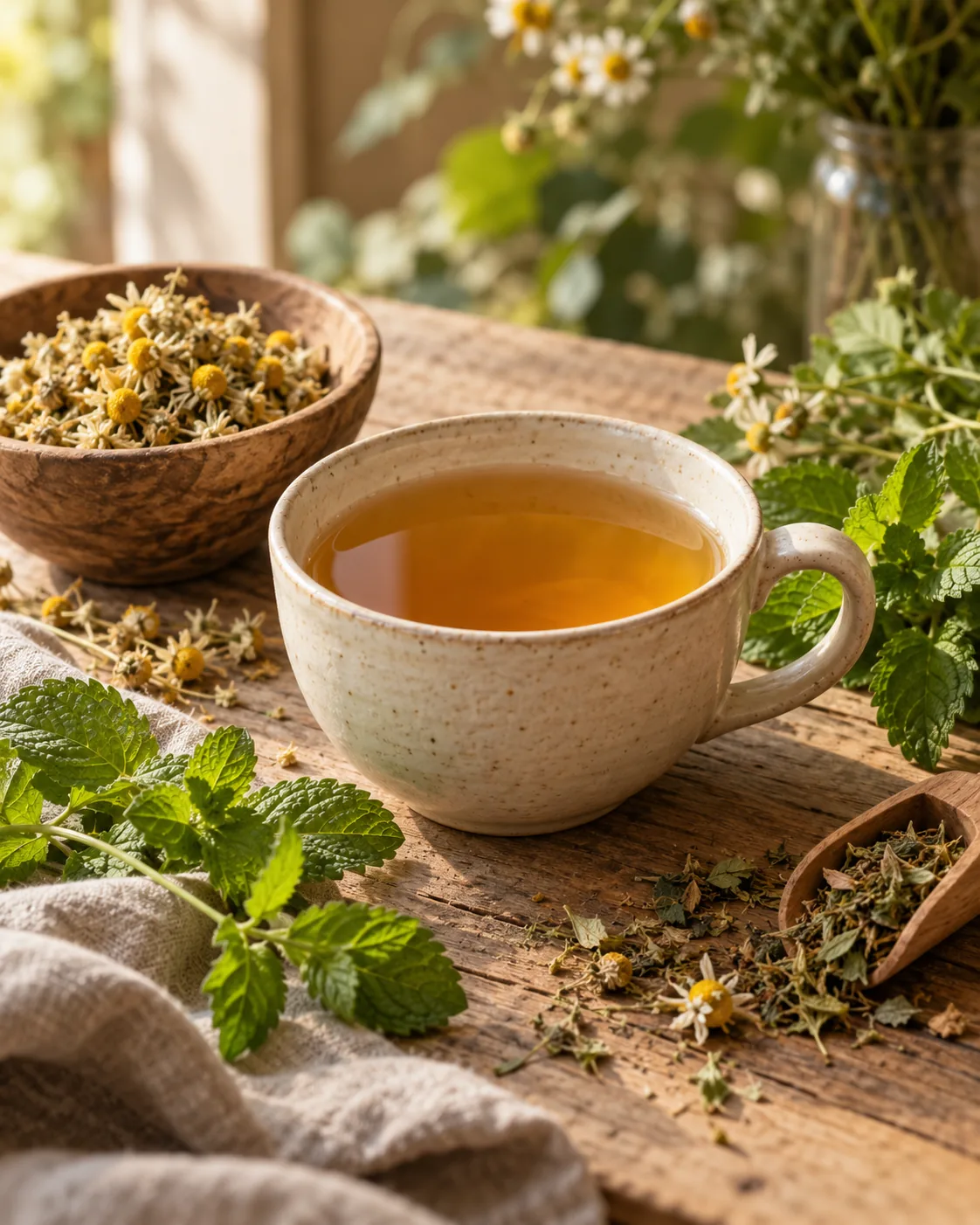 Une tasse d’infusion entourée de camomille et de feuilles de menthe, dans une lumière douce